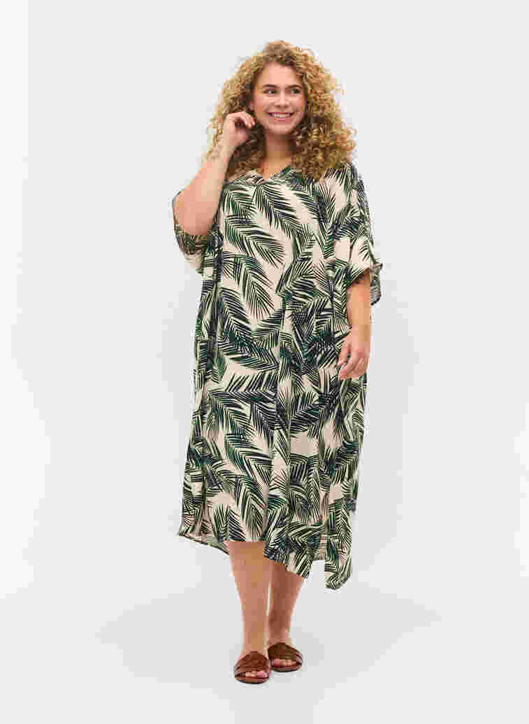 Printed caftan viscose dress, Green Leaf, Model image number 2
