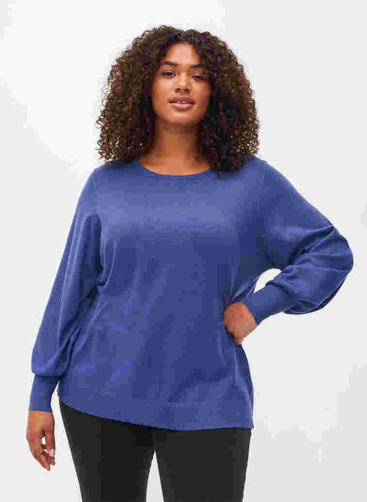 Knitted blouse with viscose and balloon sleeves, Deep Cobalt Mel., Model