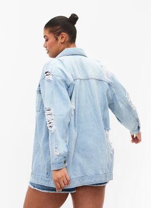 Loose fit denim jacket with worn details, Light blue denim, Model image number 1