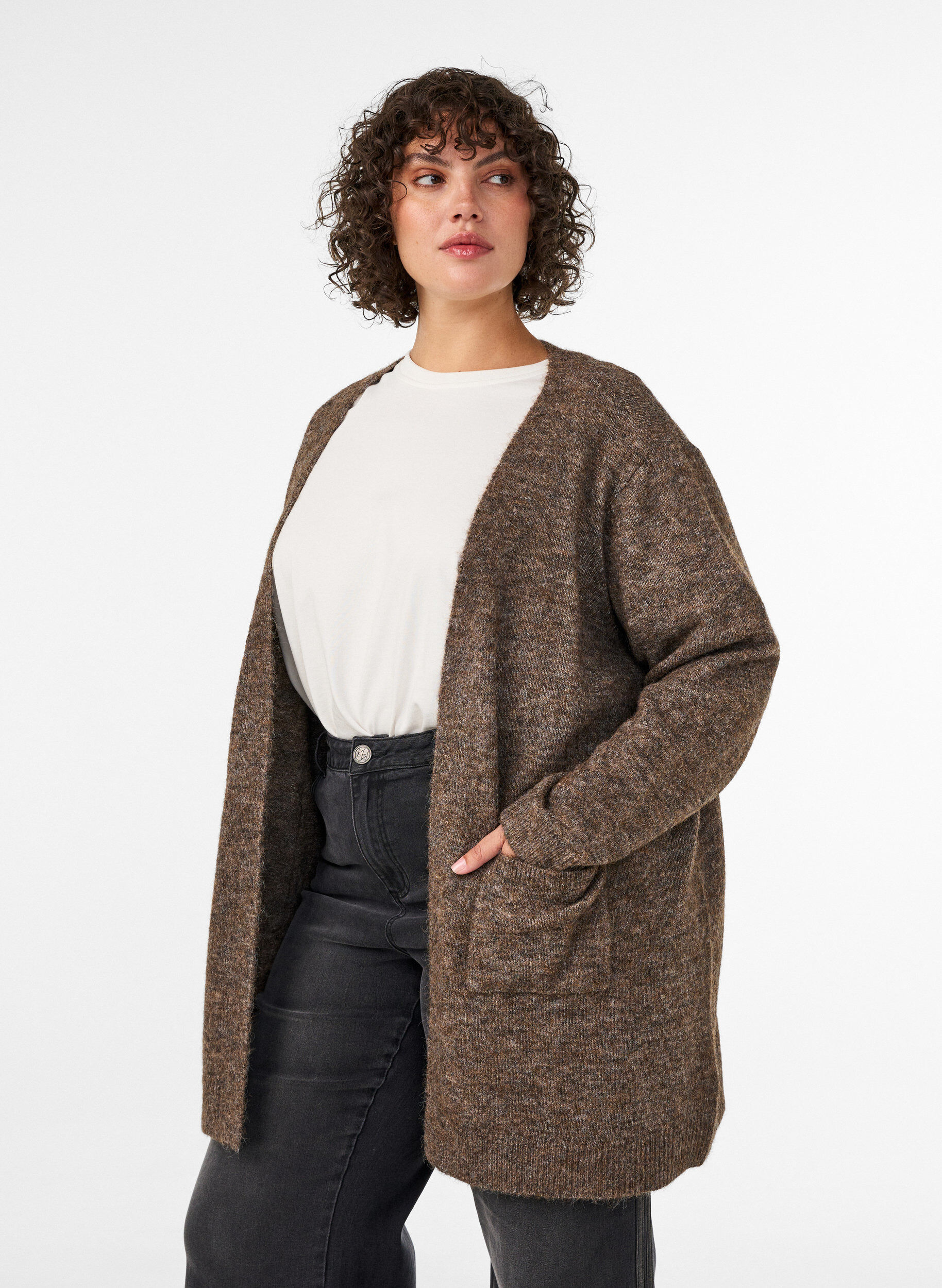 ZizzifashionLong cardigan with pockets, Brown, Model image number 0