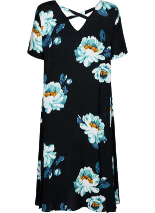 Floral dress with short sleeves in viscose, Black Big Flower, Packshot image number 1