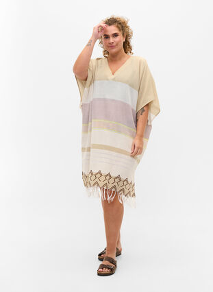 Striped cotton beach dress with fringe, Sand As Sample, Model image number 2