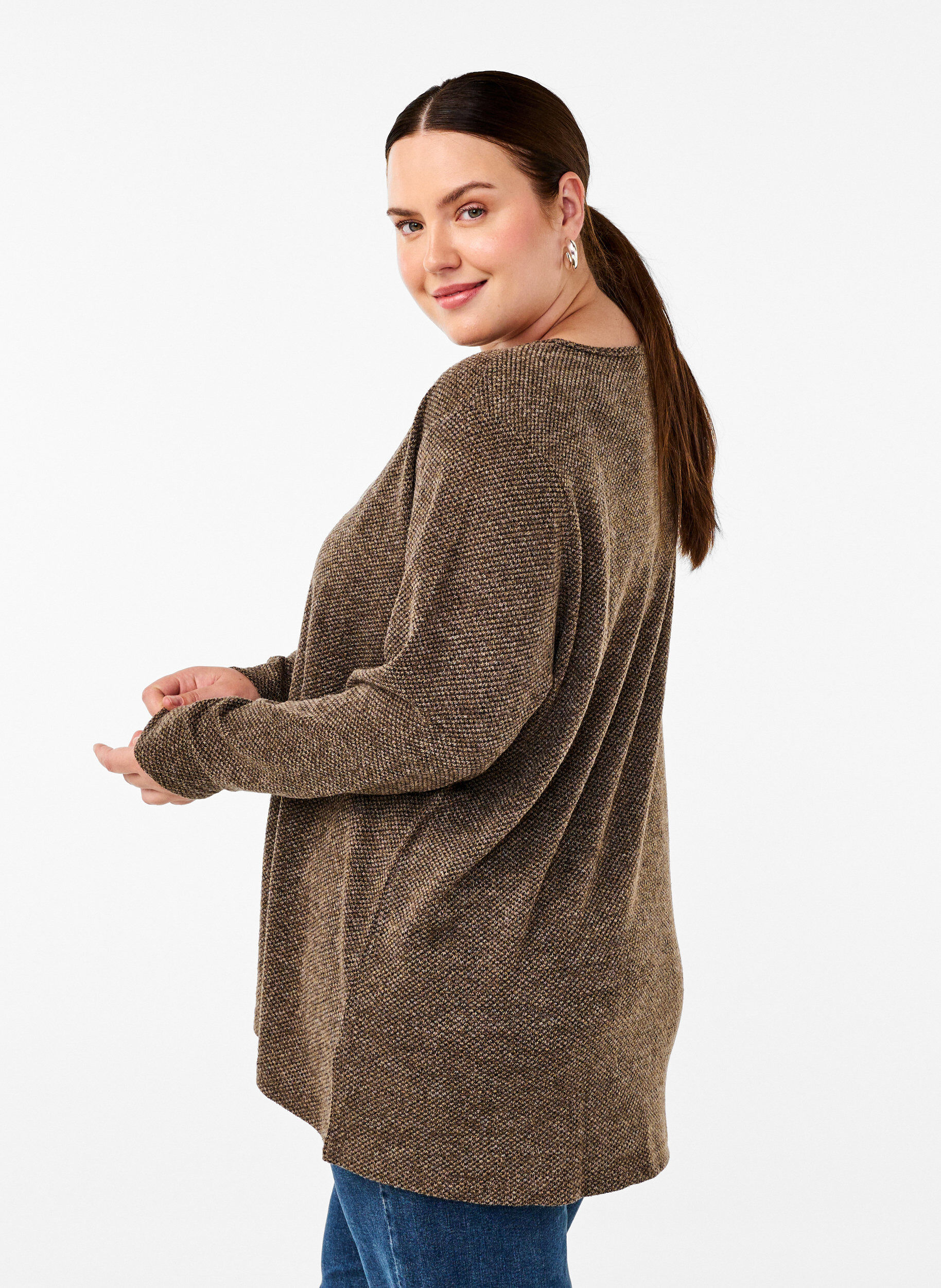 Zizzifashion Melange blouse with round neck and long sleeves, Caribou, Model image number 1