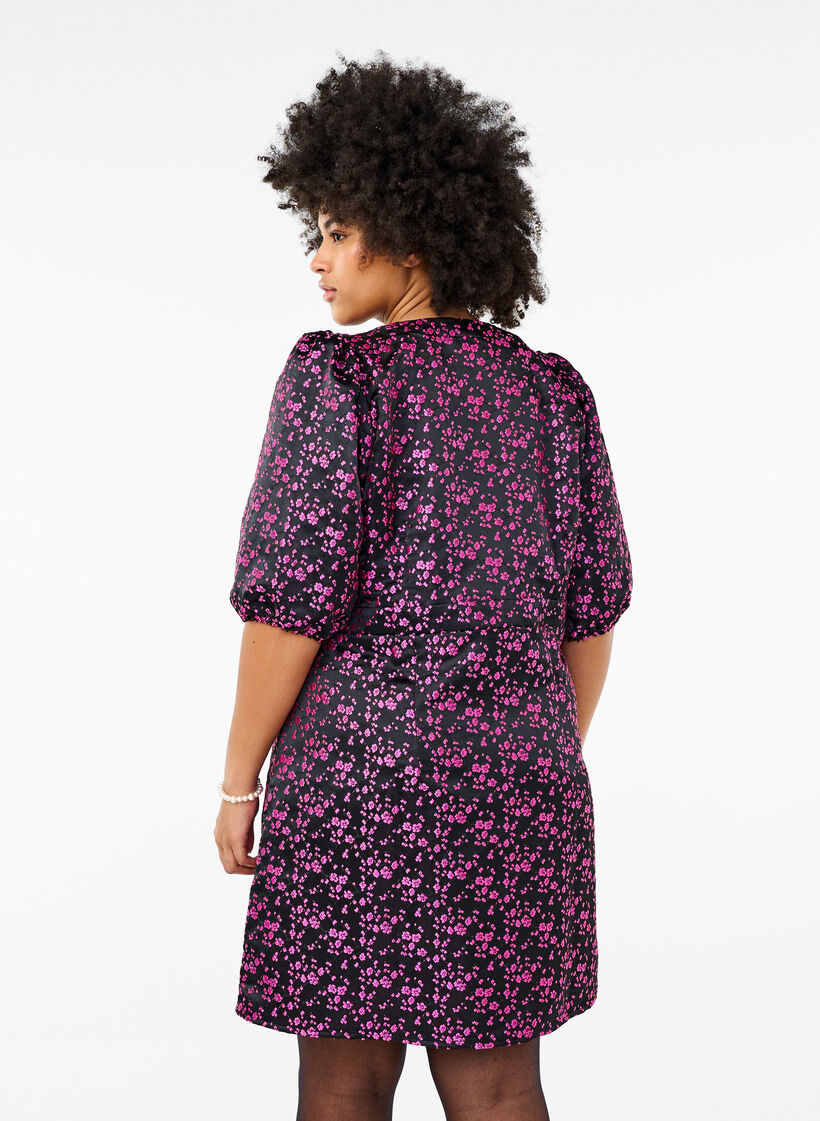 Knee-length dress with embroidered flowers, Black Pink Flower, Model image number 1