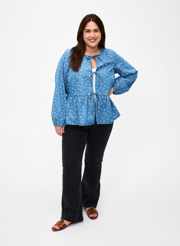Denim peplum blouse with tie fastening, Light Blue w.Flowers, Image image number 0