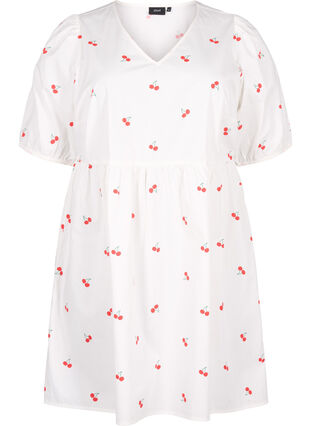 Dress with cherry print and a-shape, B. White/Cherry, Packshot image number 0