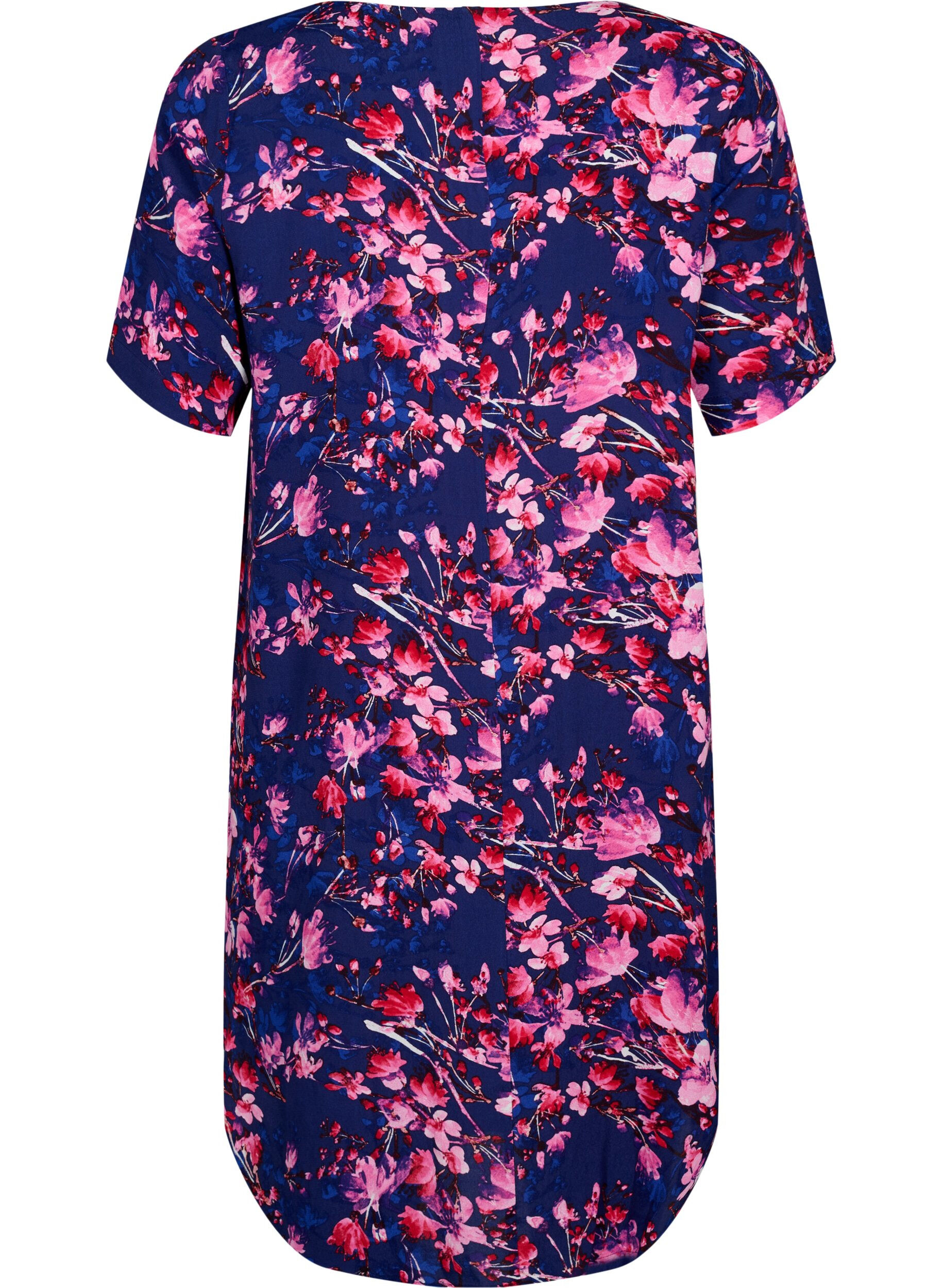 Zizzifashion Viscose midi dress with floral print, B. Blue Pink Flower, Packshot image number 1