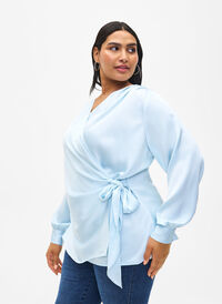 Satin party blouse with wrap, Delicate Blue, Model