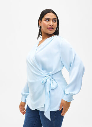 Satin party blouse with wrap, Delicate Blue, Model image number 0