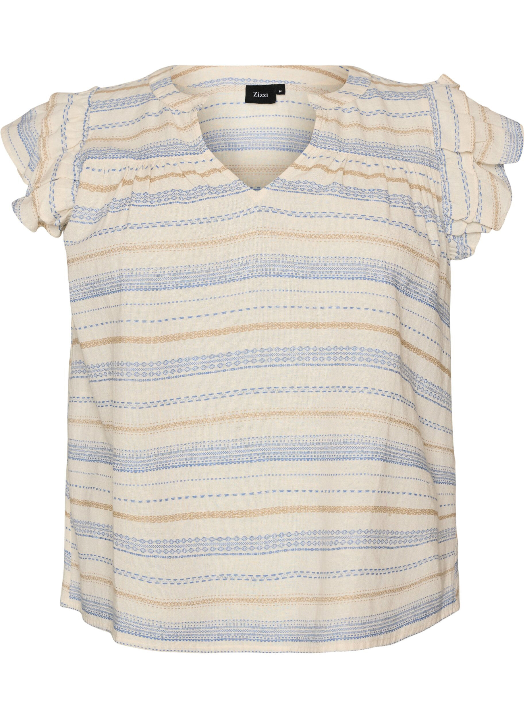 ZizzifashionSleeveless blouse with ruffles and patterned stripes, Vanilla, Packshot image number 0