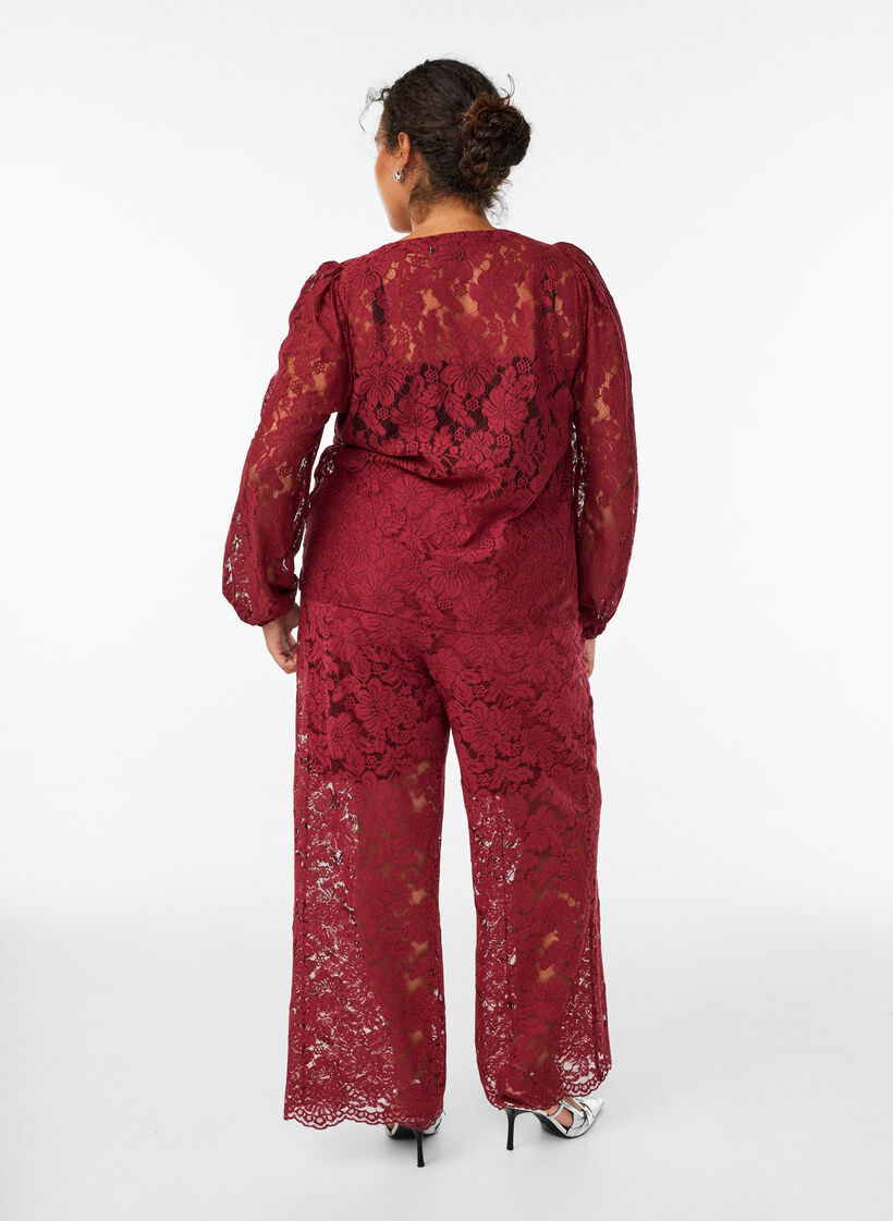 Lace trousers with a high waist and pockets, Dark Bordeaux, Model image number 1
