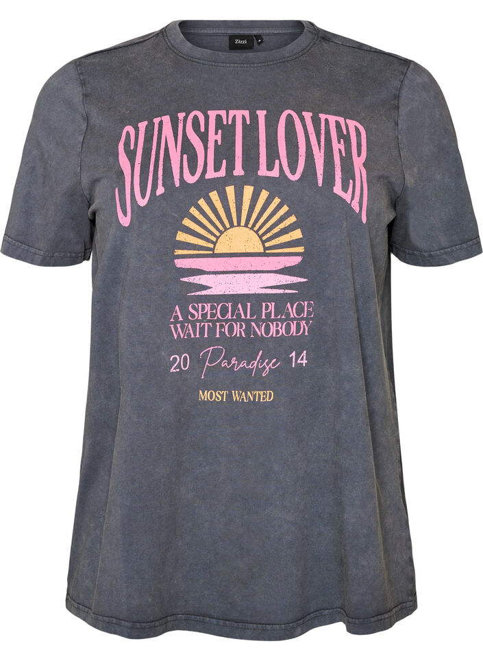 Cotton T-shirt with front print and a washed look, Grey, Packshot image number 0