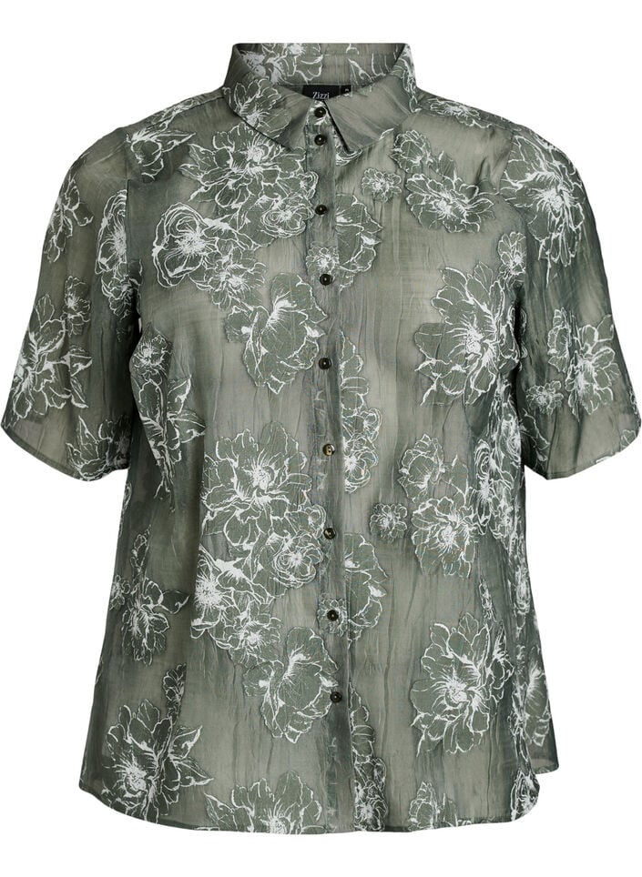 Sheer shirt blouse with floral print, Green, Packshot image number 0