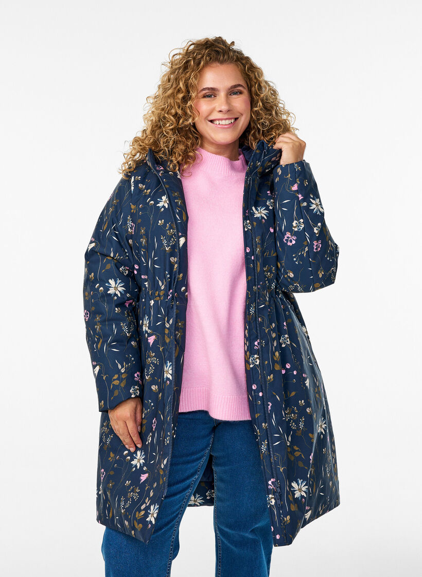 Padded winter jacket with floral print, Blue, Model image number 3