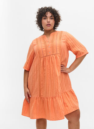Striped viscose dress with lace ribbons, Nectarine, Model image number 0