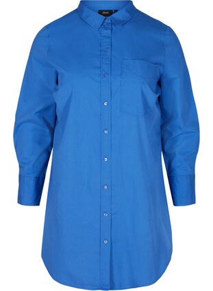 Long cotton shirt with chest pockets, Dazzling Blue, Packshot image number 0