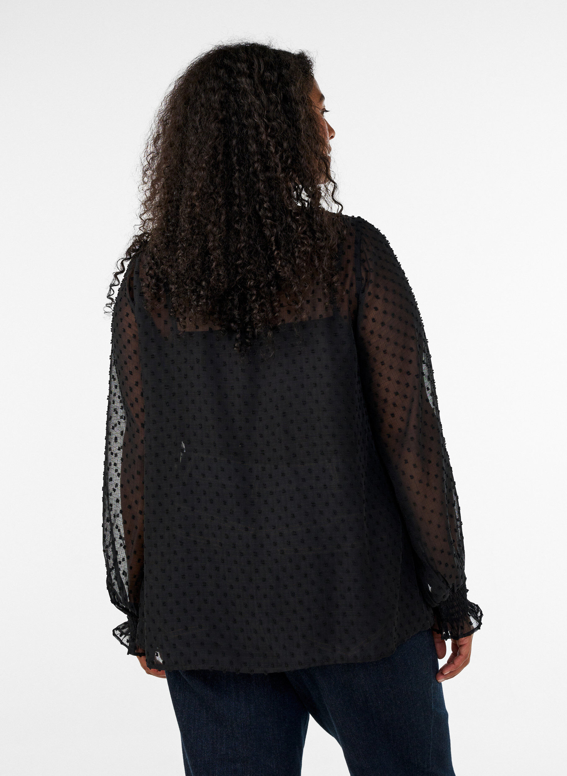 ZizzifashionShirt blouse with lace insert and dot pattern, Black, Model image number 2