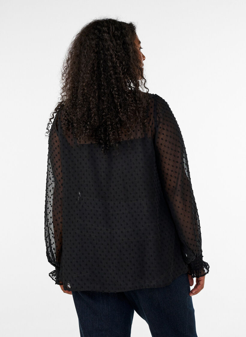 Shirt blouse with lace insert and dot pattern, Black, Model image number 2