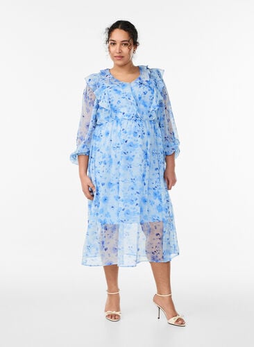 Floral chiffon dress with ruffles and long sleeves - Blue - Sz. 40-64 - Zizzifashion Floral chiffon dress with ruffles and long sleeves - Blue - Sz. 40-64 - Zizzifashion