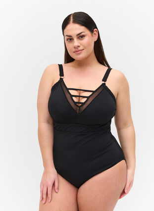 Swimsuit with V-neck and mesh, Black, Model image number 0