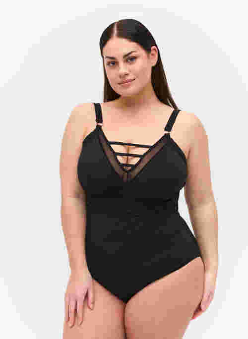 Swimsuit with V-neck and mesh