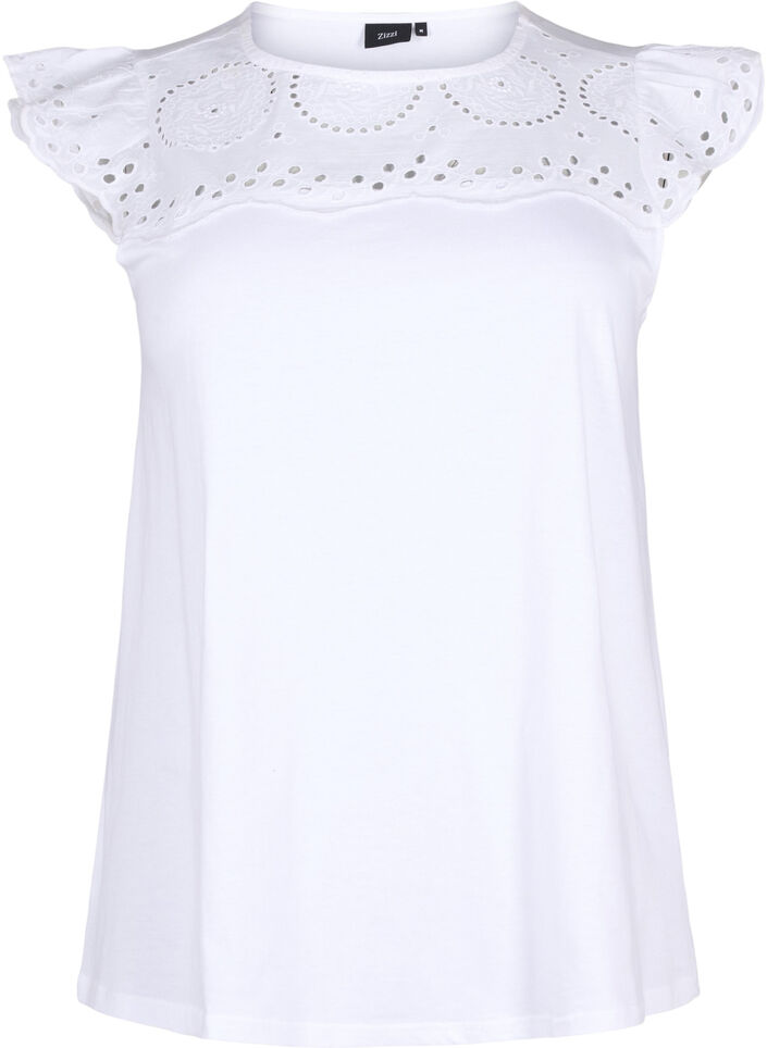 Organic cotton T-shirt with broderie anglaise, Bright White, Packshot image number 0