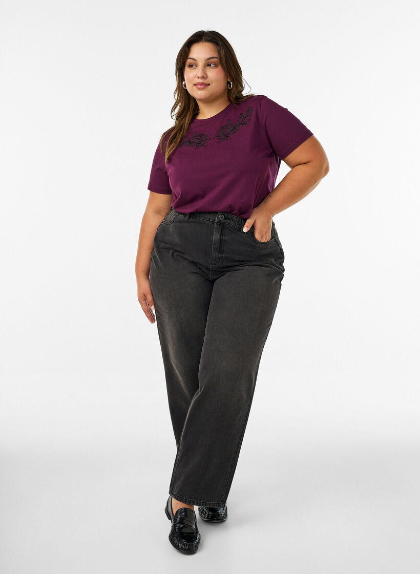 T-shirt with floral embroidery and rhinestones, Purple, Model image number 1
