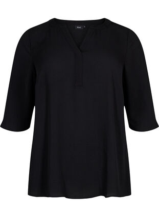Blouse with 3/4 sleeves and v cutting, Black, Packshot image number 0