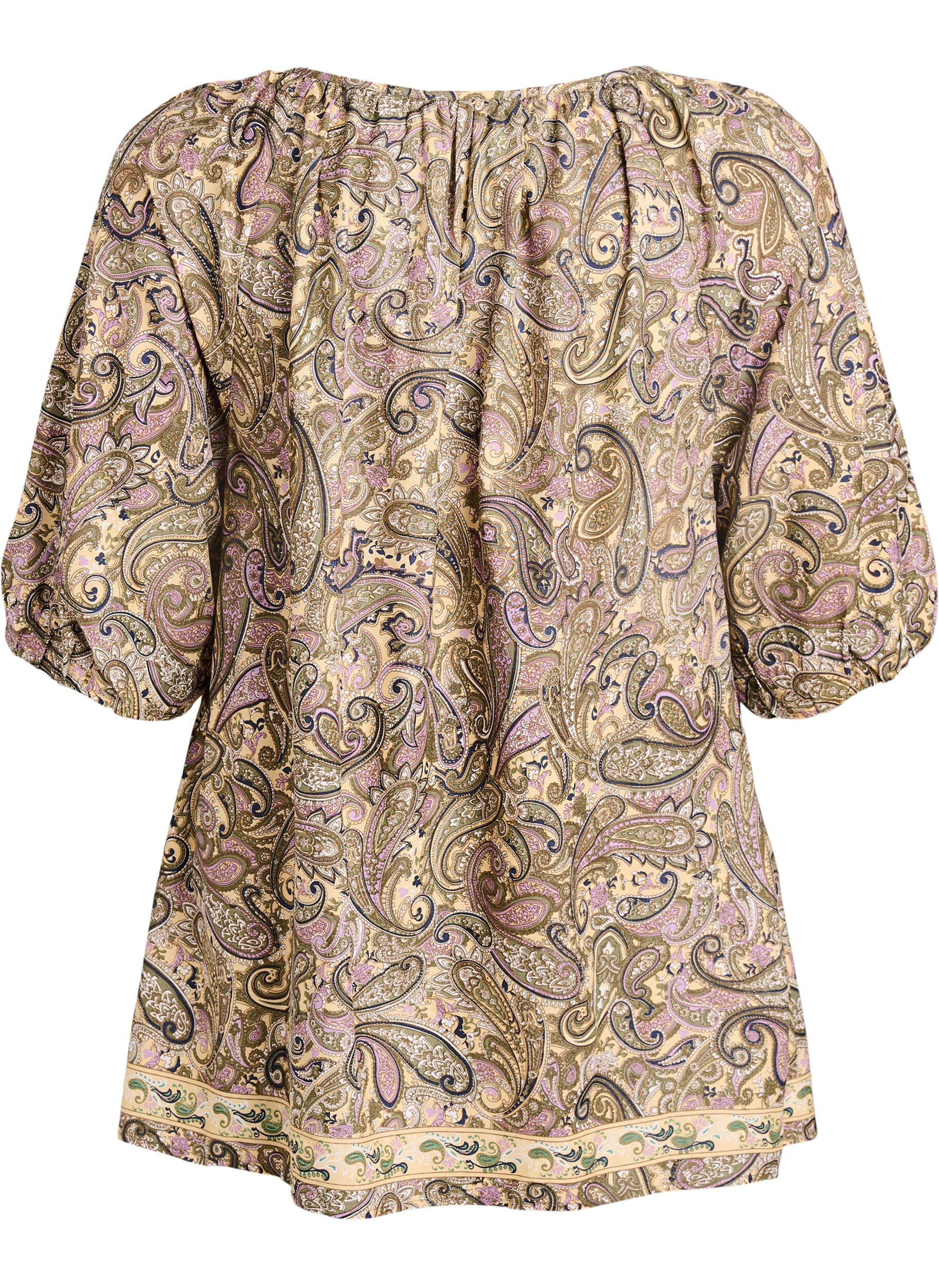 ZizzifashionViscose blouse with paisley print and tie-string, Yellow, Packshot image number 1