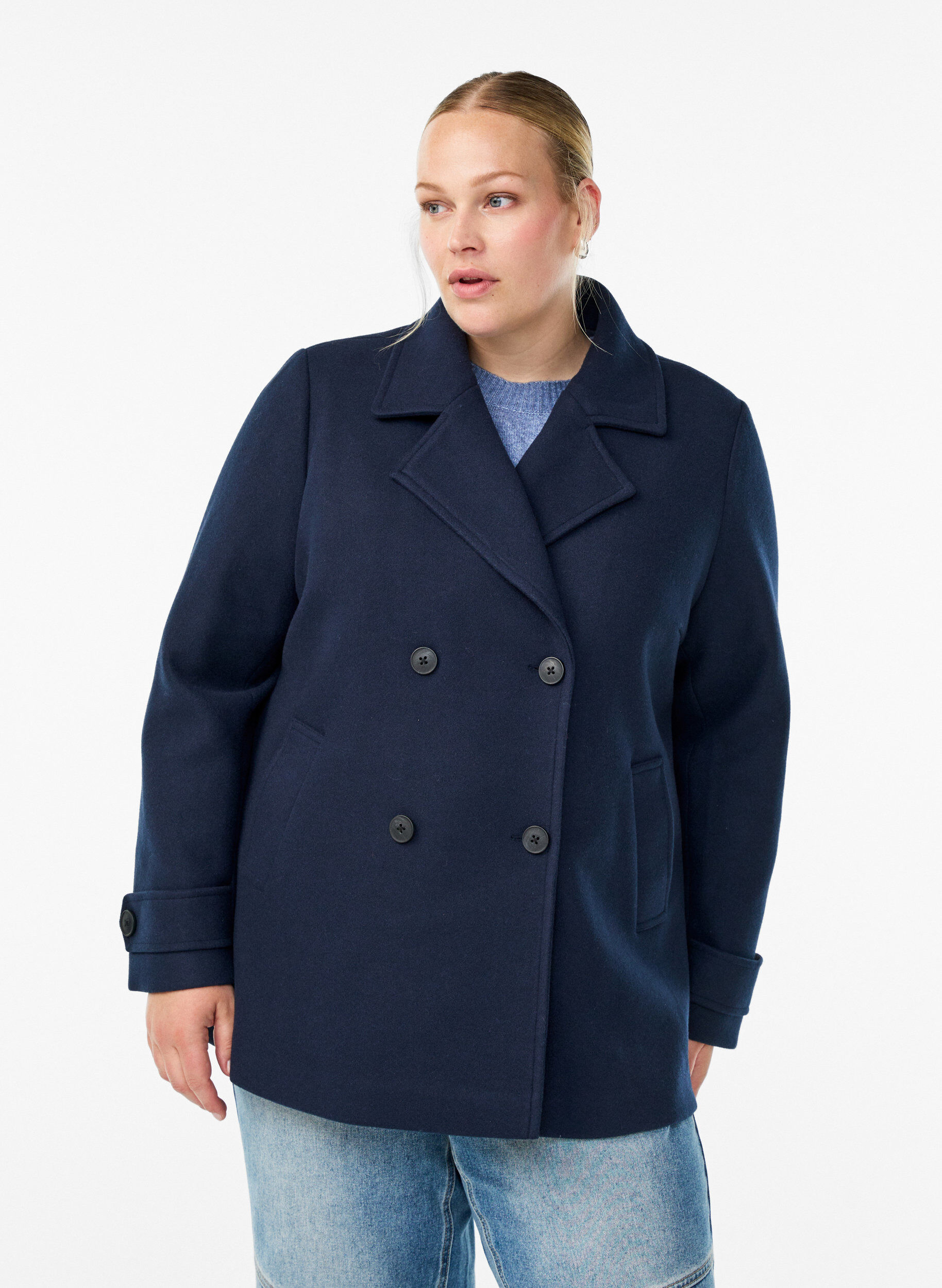 Short coat with double-breasted button closure, Blue, Model