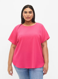 Blouse with short sleeves and a round neckline, Raspberry Sorbet, Model