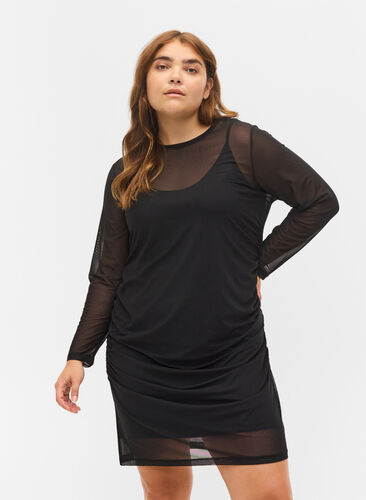 Close-fitting mesh dress with 3/4 sleeves, Black, Model image number 0