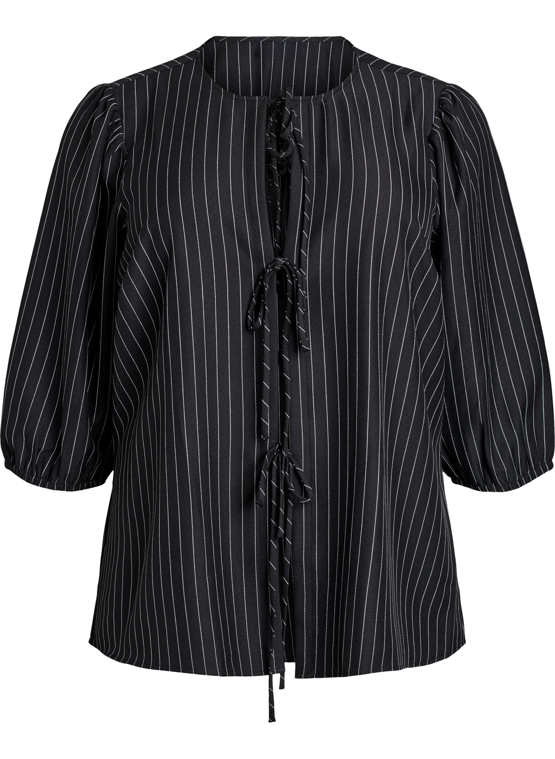 Blouse with pinstripes and tie strings - Black - Sz. L