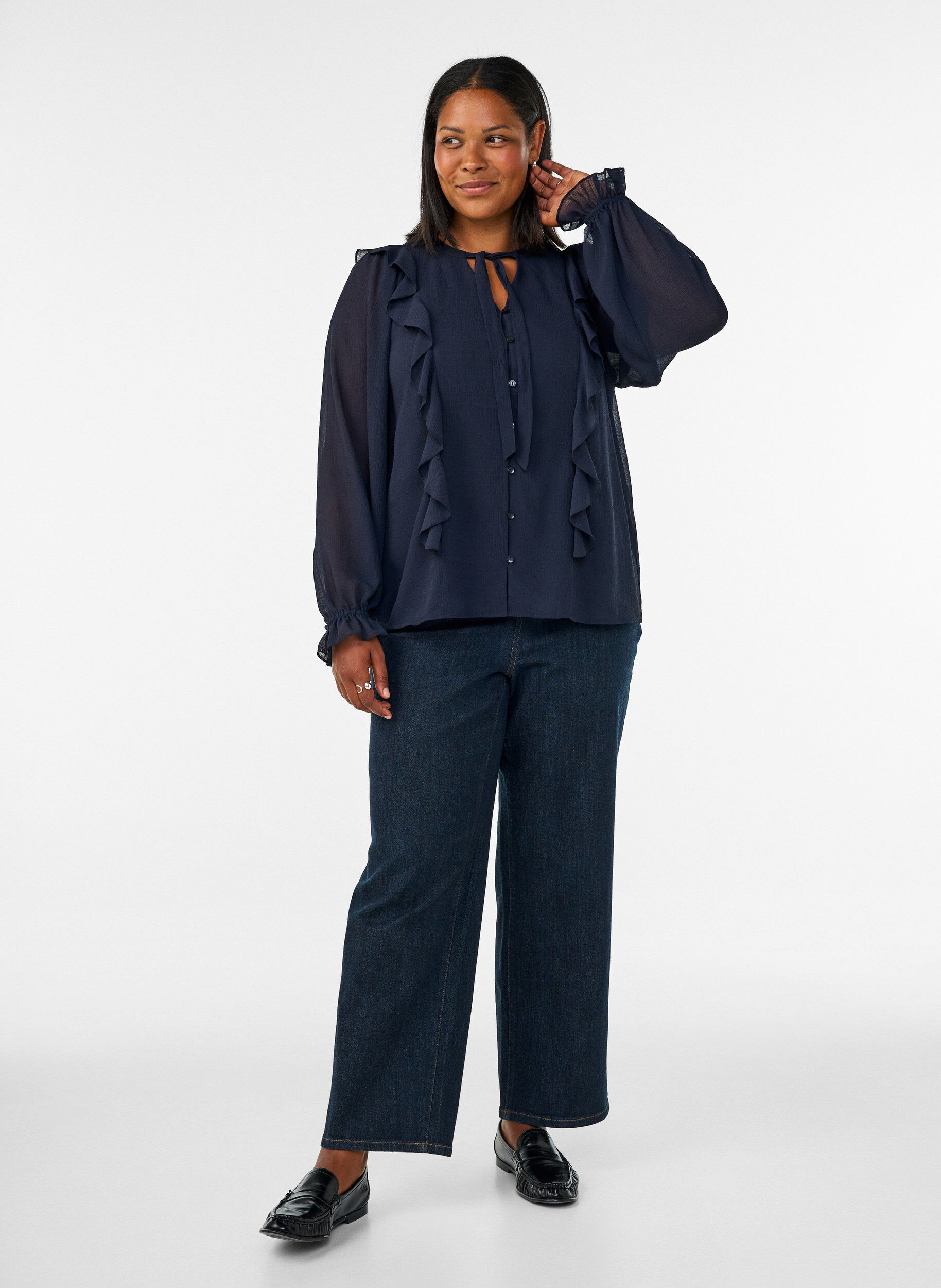 ZizzifashionSheer blouse with ruffles and tie-fastening, Blue, Model image number 1