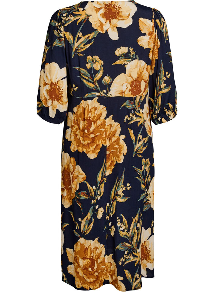 Midi dress with floral print and 3/4 sleeves, Blue, Packshot image number 1