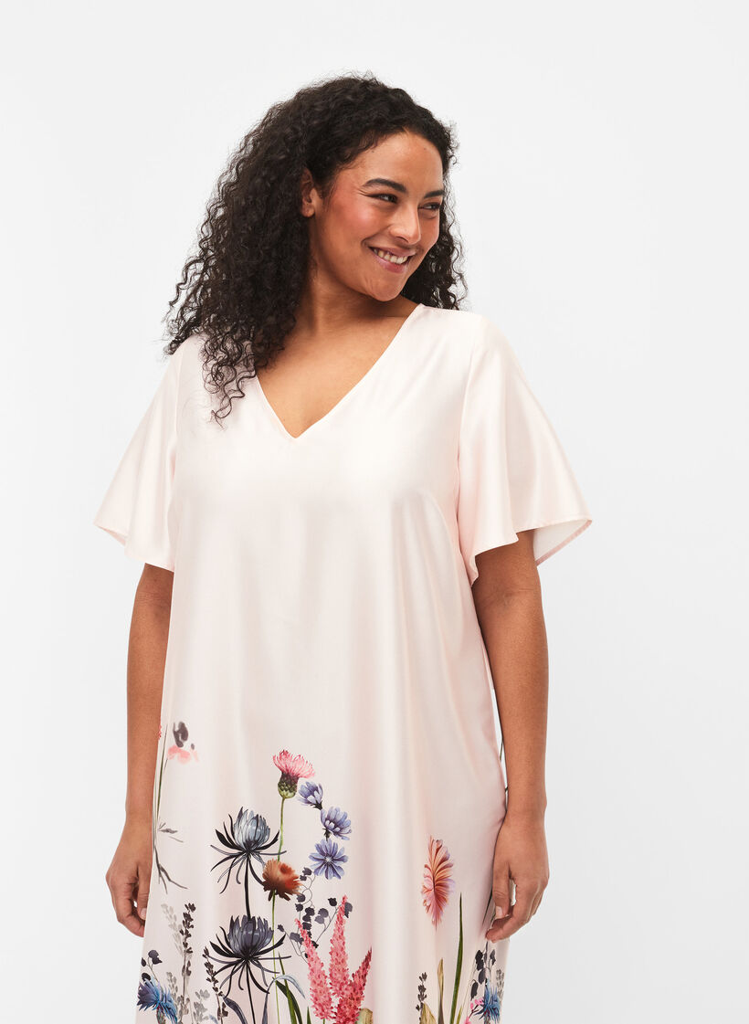 Midi dress with floral print and short sleeves, White Sand, Model image number 2