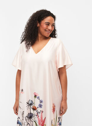 Floral print midi dress with short sleeves, White Sand, Model image number 2