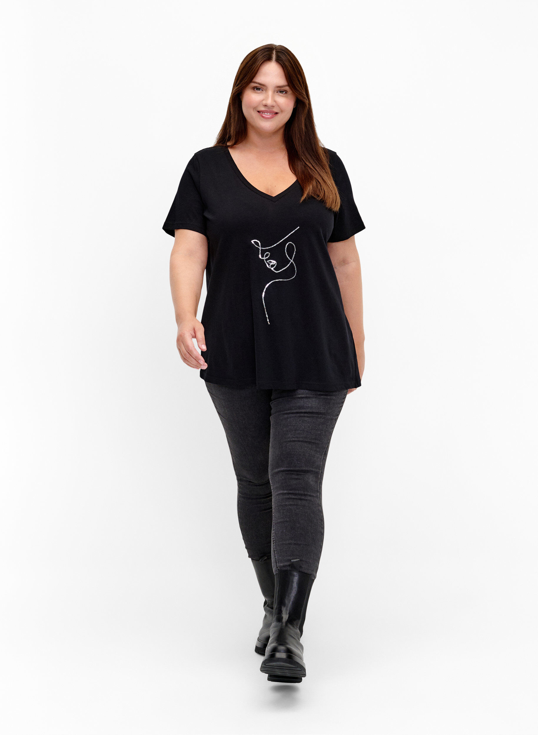 Zizzifashion Cotton t-shirt with sequins, Black W. Face, Model image number 2