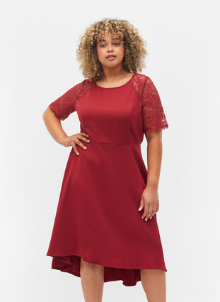 Midi dress with short lace sleeves, Rhubarb, Model image number 0