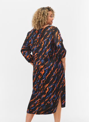 Printed midi dress with 3/4-length sleeves in viscose, Black Tiger AOP, Model image number 1