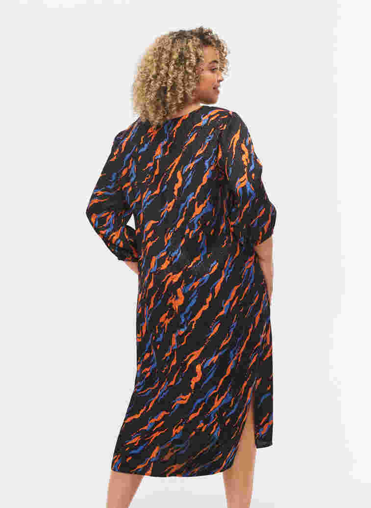 Printed midi dress with 3/4-length sleeves in viscose, Black Tiger AOP, Model image number 1