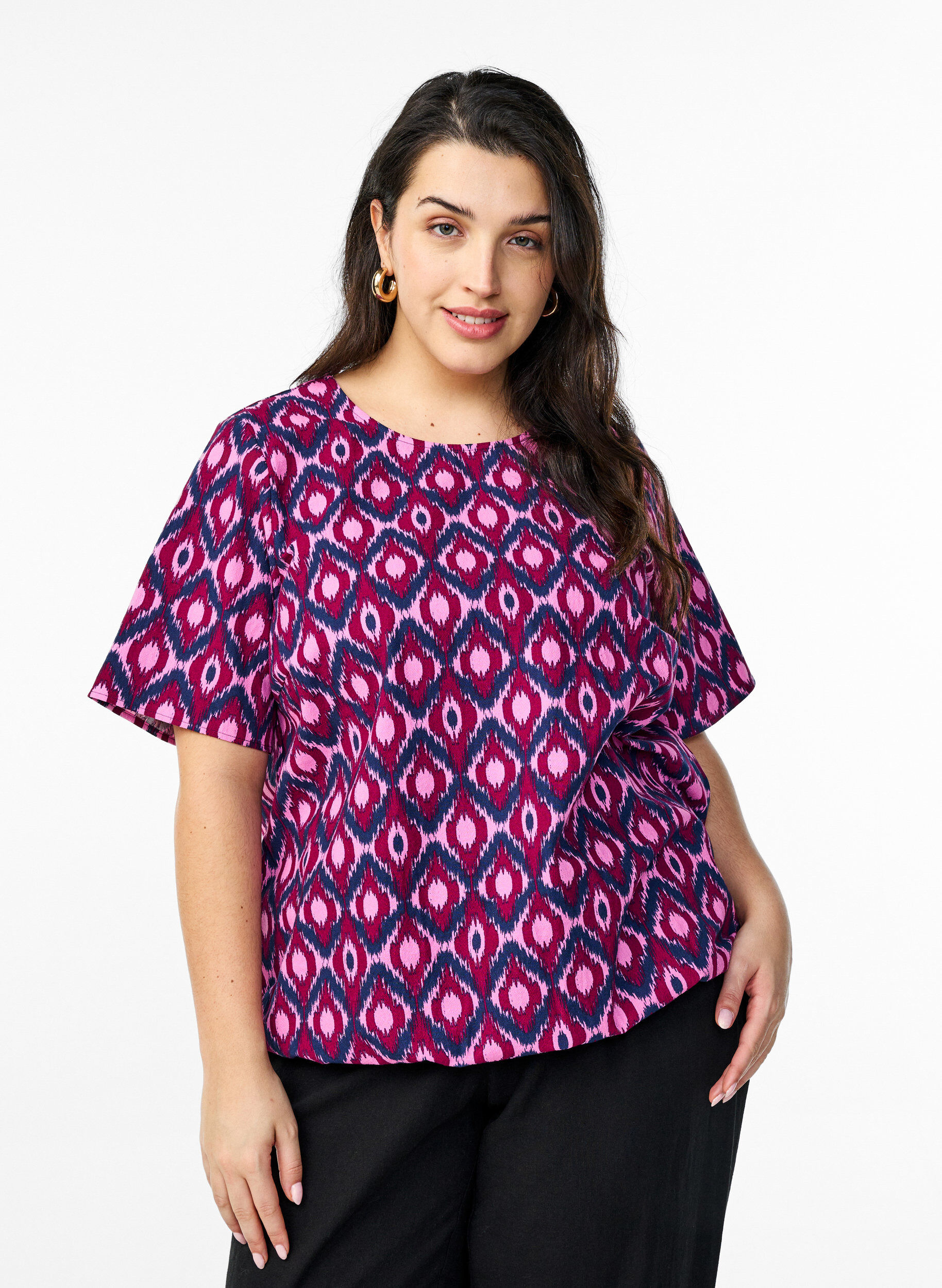 Zizzifashion Cotton blouse with print and short sleeves, Pink, Model image number 0