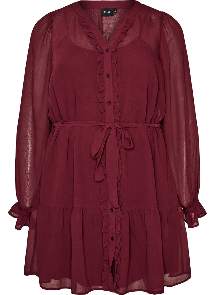 Dress in a lightweight woven fabric with ruffles and a tie-belt, Red, Packshot image number 0