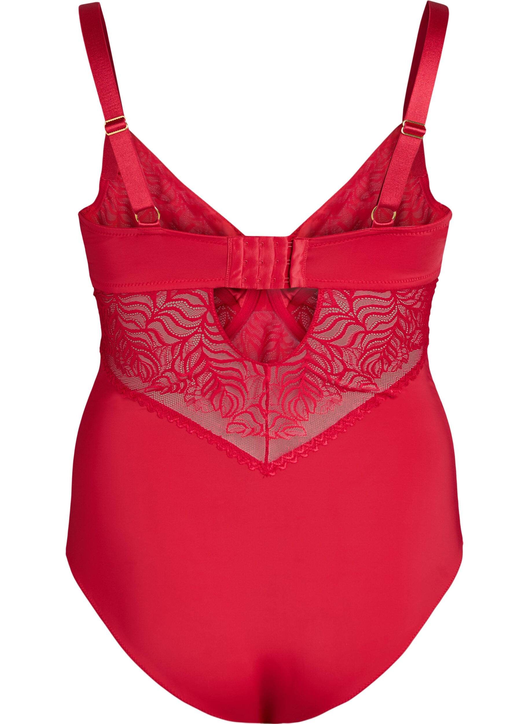 Zizzifashion Bodysuit with lace and satin detail, Red, Packshot image number 1