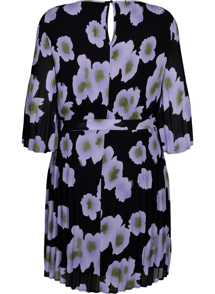 Printed pleated dress with waist tie, Black w. Floral, Packshot image number 1