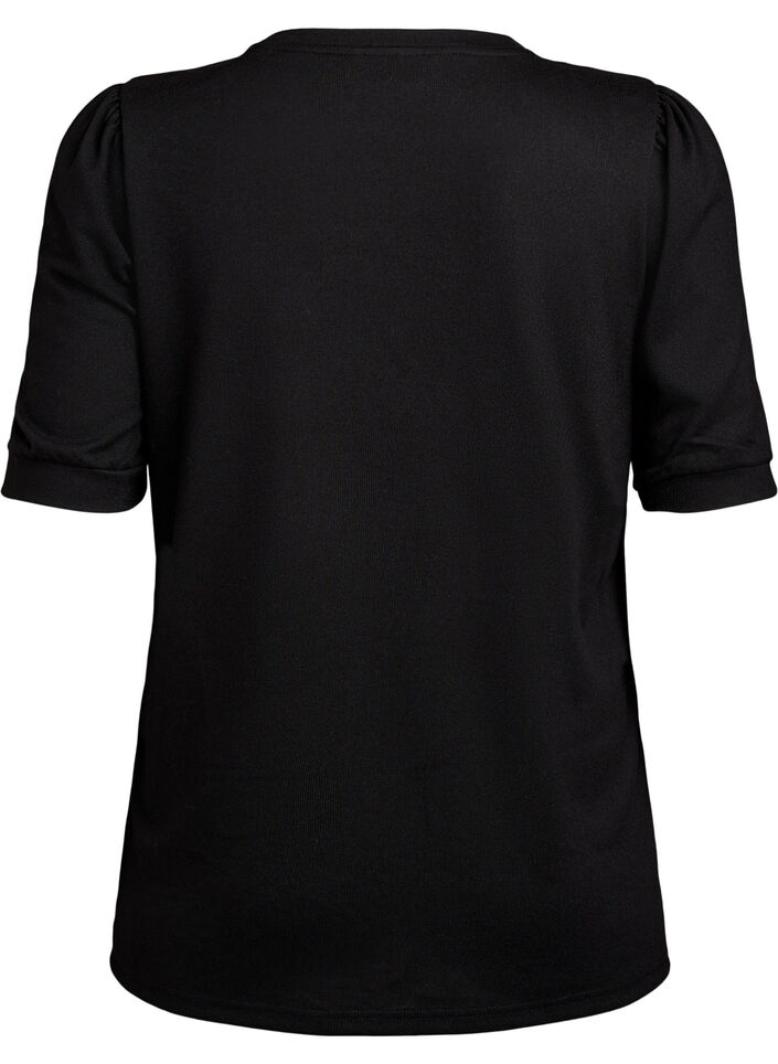 Blouse with button detail and short puff sleeves, Black, Packshot image number 1