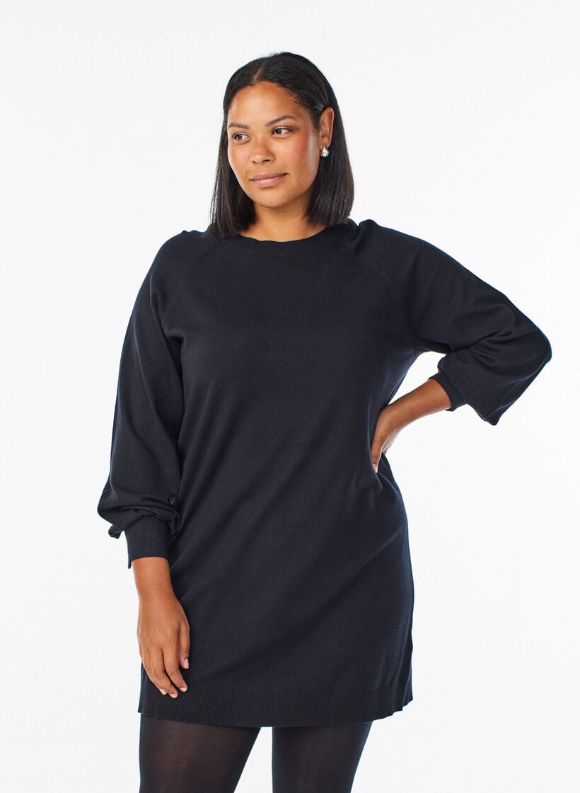 Short knitted dress with raglan sleeves, Black, Model image number 0