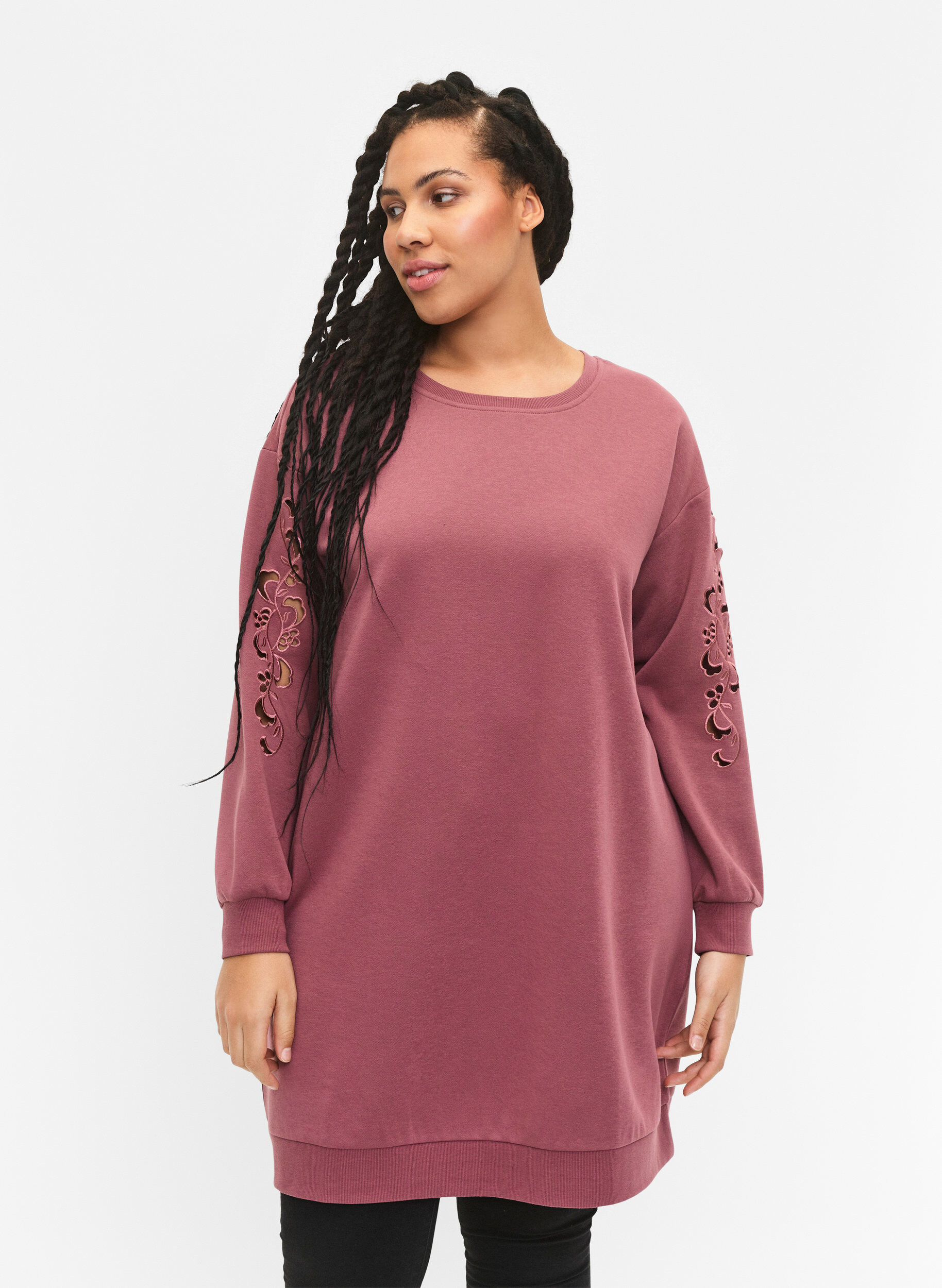 Zizzifashion Sweat dress with embroidered details, Rose Brown, Model image number 0