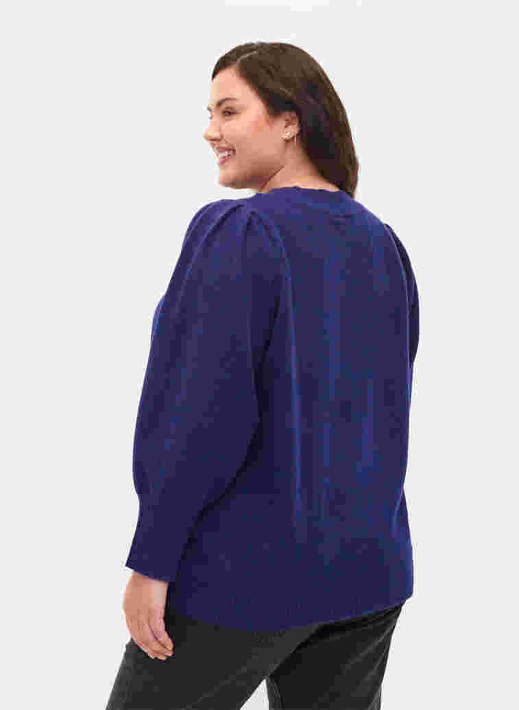 Melange knitted jumper with puff sleeves and v-neck, Ultra Violet Mel., Model image number 1