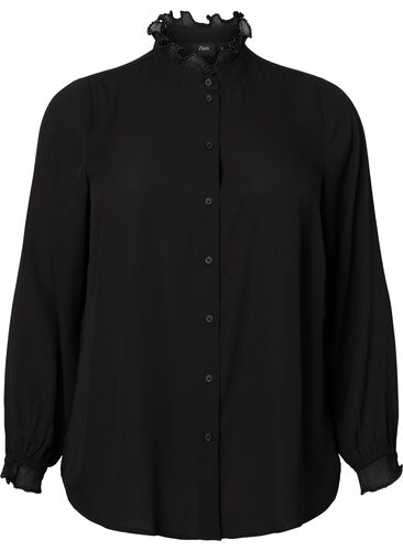Shirt blouse with ruffle details, Black, Packshot image number 0